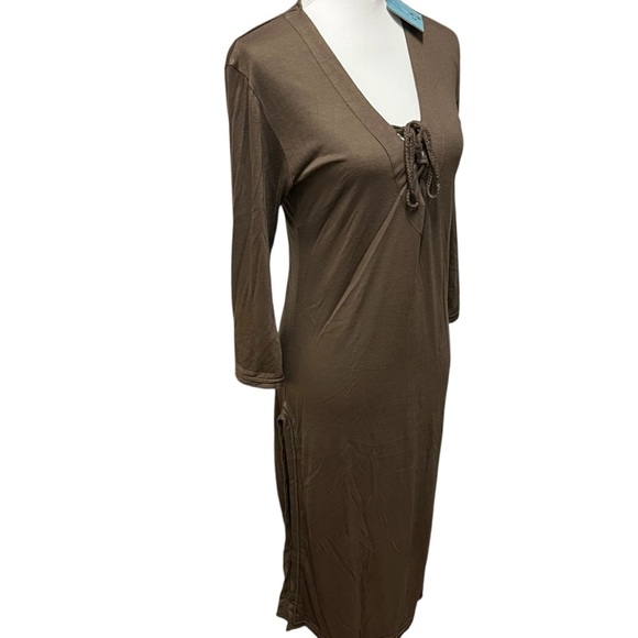 Letarte Jersey Braid Long Tunic Dress Lace Up Side Slits Taupe Size Large NWT - Picture 2 of 12